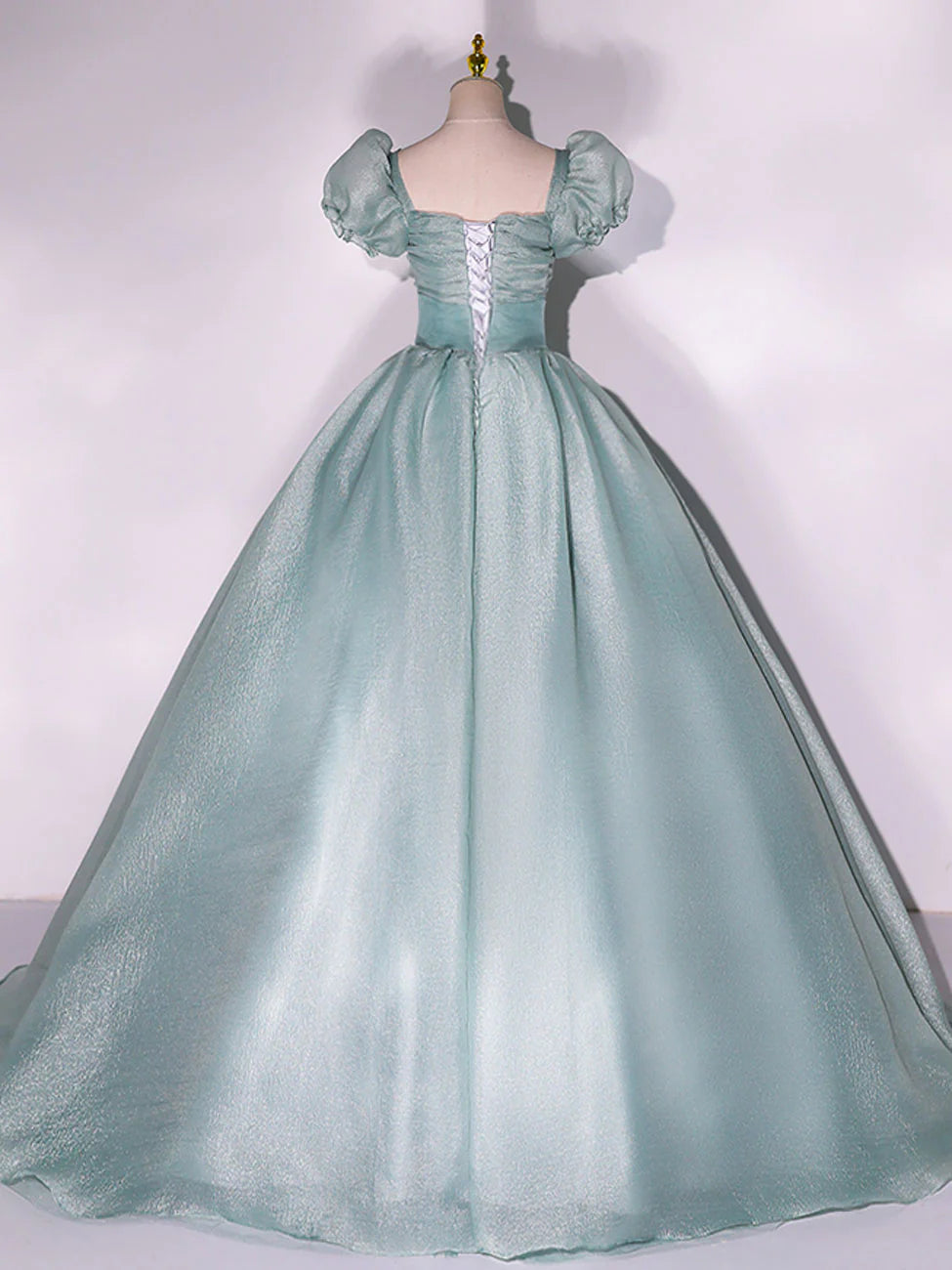 A-Line Long Prom Dresses Ball Gown Quinceanera Green Puff sleeves Green Tulle Formal Sweet 16 Dress