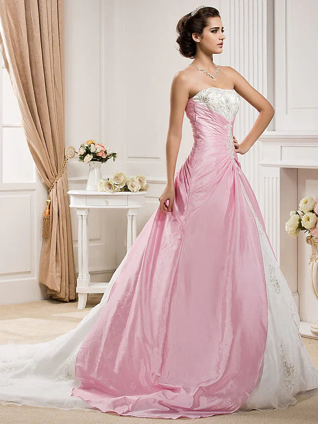 Ball Gown Wedding Dresses Strapless Chapel Train Organza Taffeta Strapless Wedding Dress in Color with Ruched Beading Appliques