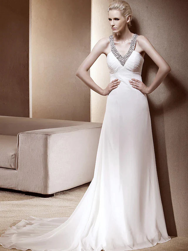 Princess A-Line Wedding Dresses V Neck Court Train Chiffon Sleeveless Sparkle &amp; Shine with Sequin