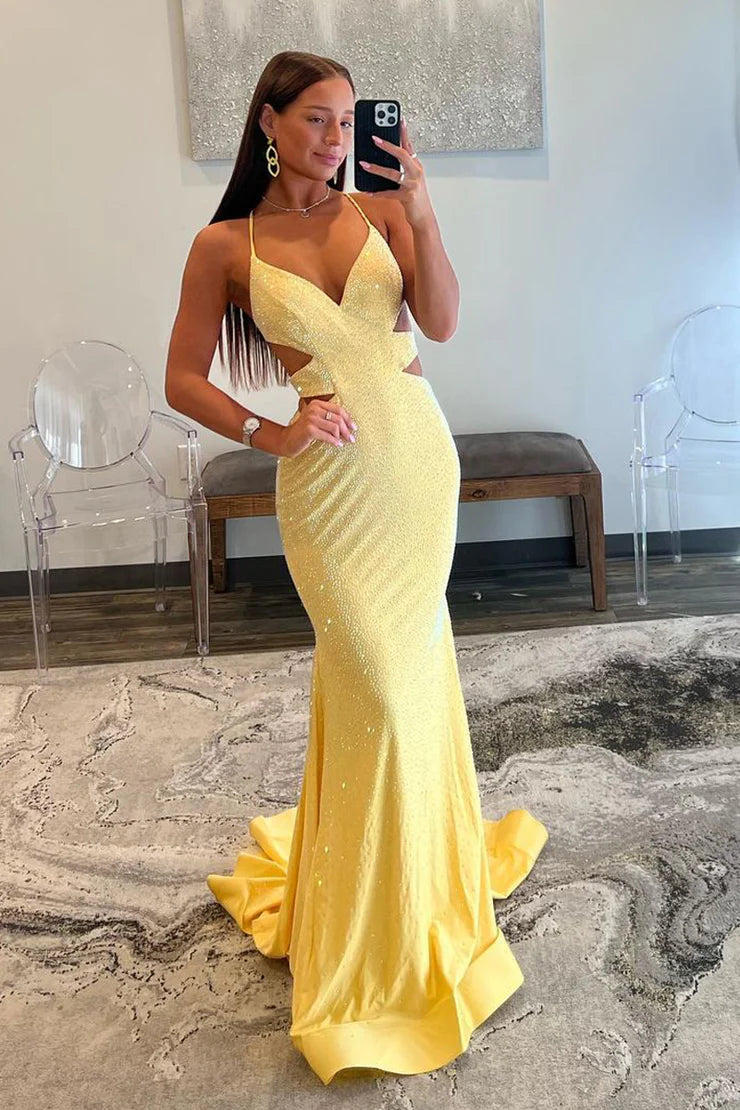 Sheath/Mermaid Spaghetti Straps V Neck Satin Long Prom Dresses with Beading