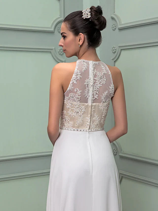 Wedding Dresses Jewel Neck Floor Length Chiffon Lace Regular Straps See-Through with Sash Ribbon Beading Split Front