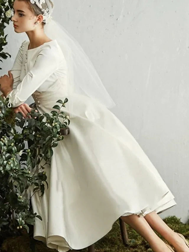 A-Line Wedding Dresses Jewel Neck Tea Length Satin Half Sleeve Simple Vintage Little White Dress with Buttons Pleats