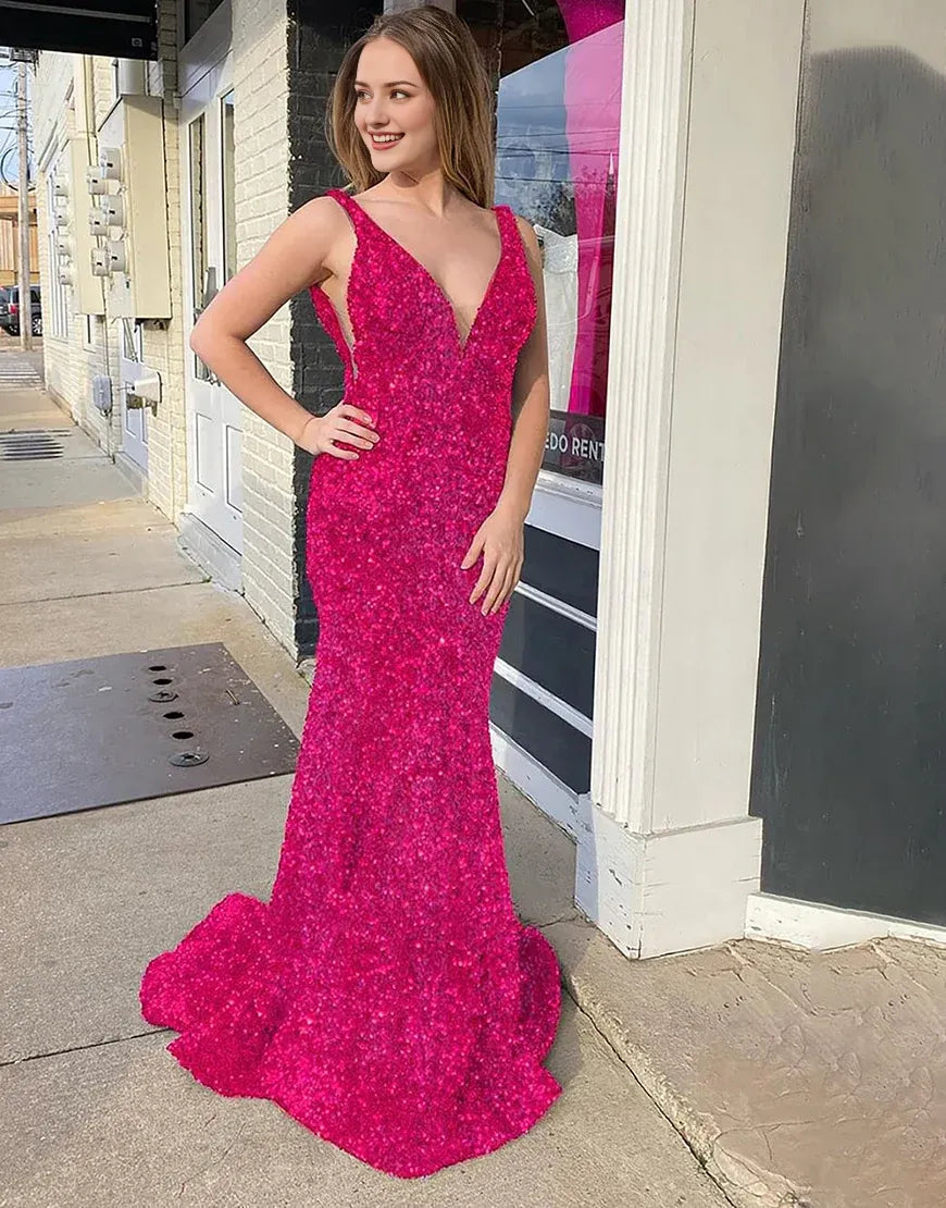 Sheath/Mermaid Low V Neck Long Prom Dress With Sparkly Sequins