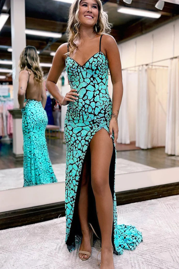 Mermaid  Sleek Glittering Sparkle V Neck Mint Sequins Long Prom Dress with Slit