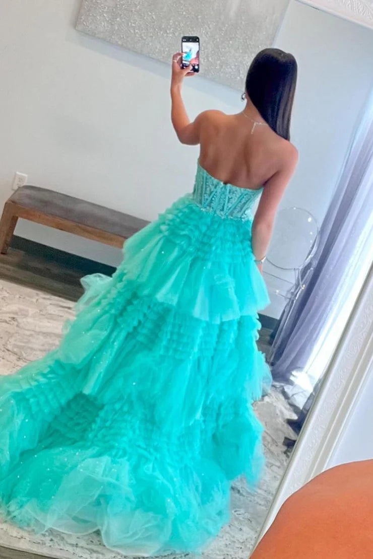 A Line Princess Sweetheart Mint Tulle Tiered Long Prom Dresses with Appliques