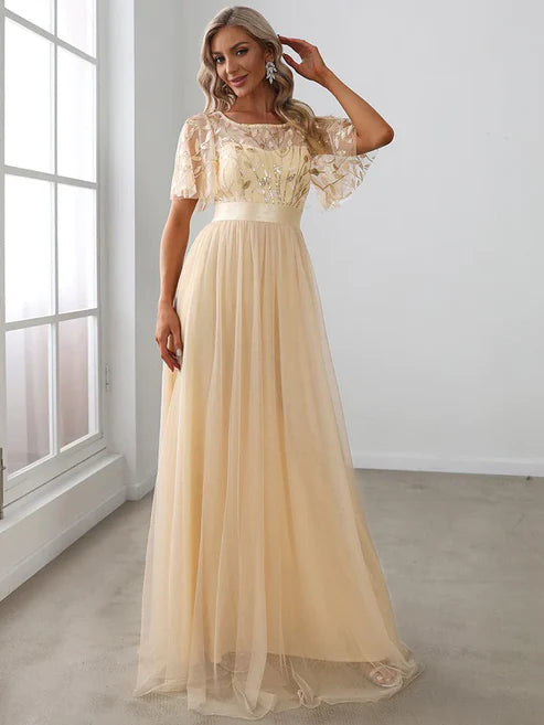 A-Line Sequin Leaf Maxi Prom Dress with Sleeves/Evening Dresses Party Dresses Wedding Guest Dresses