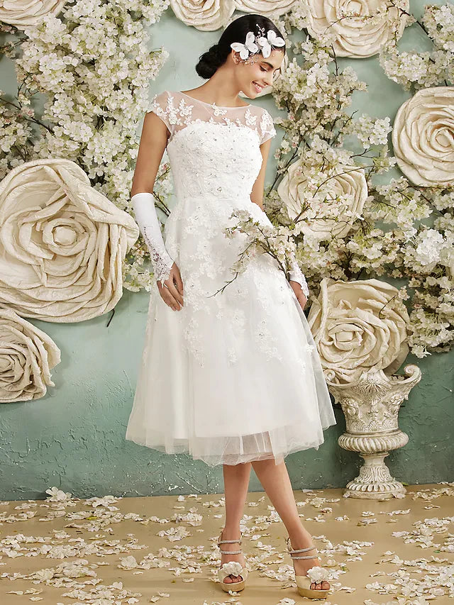 A-Line Wedding Dresses  Knee Length Chiffon Sleeveless with Appliques