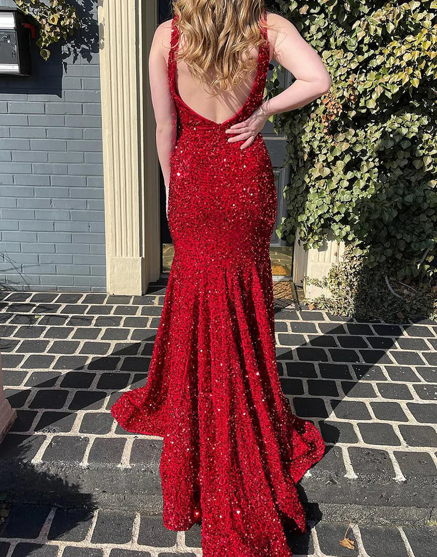 Sheath/Mermaid Low V Neck Long Prom Dress With Sparkly Sequins