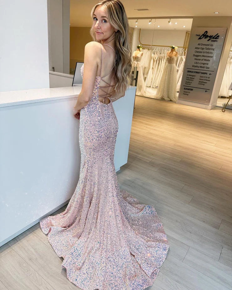 Sequins/Mermaid V Neck Spaghetti Straps  Blush Pink Sequins Long Prom Dresses