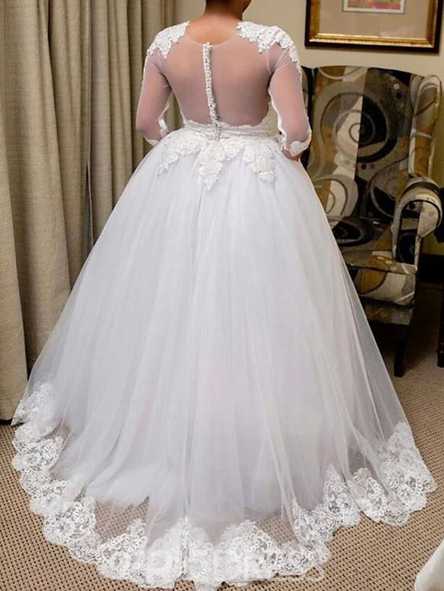 Princess A-Line Wedding Dresses Jewel Neck Lace Tulle Length Sleeve Formal Romantic with Pleats Appliques