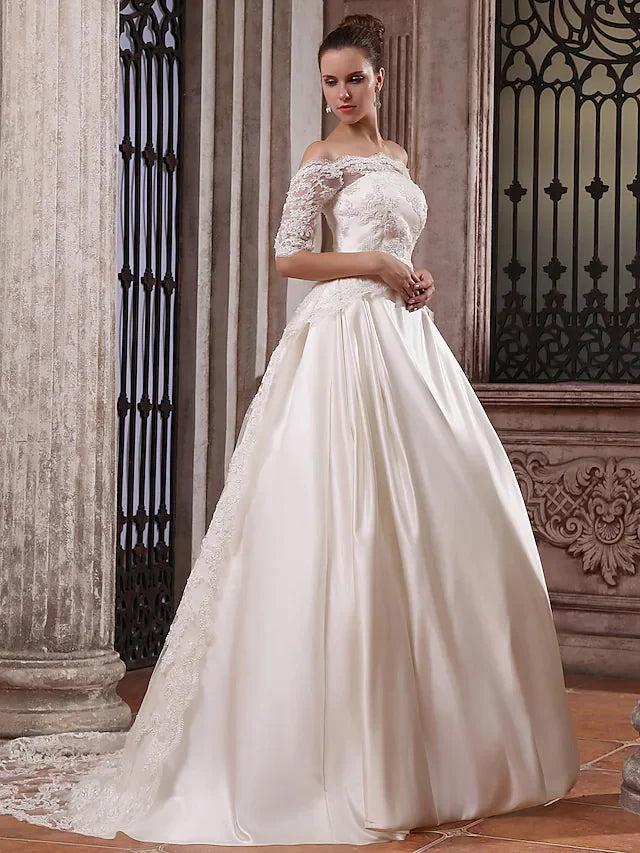 Ball Gown Wedding Dresses Scalloped-Edge Off Shoulder Court Train Satin Half Sleeve with Appliques