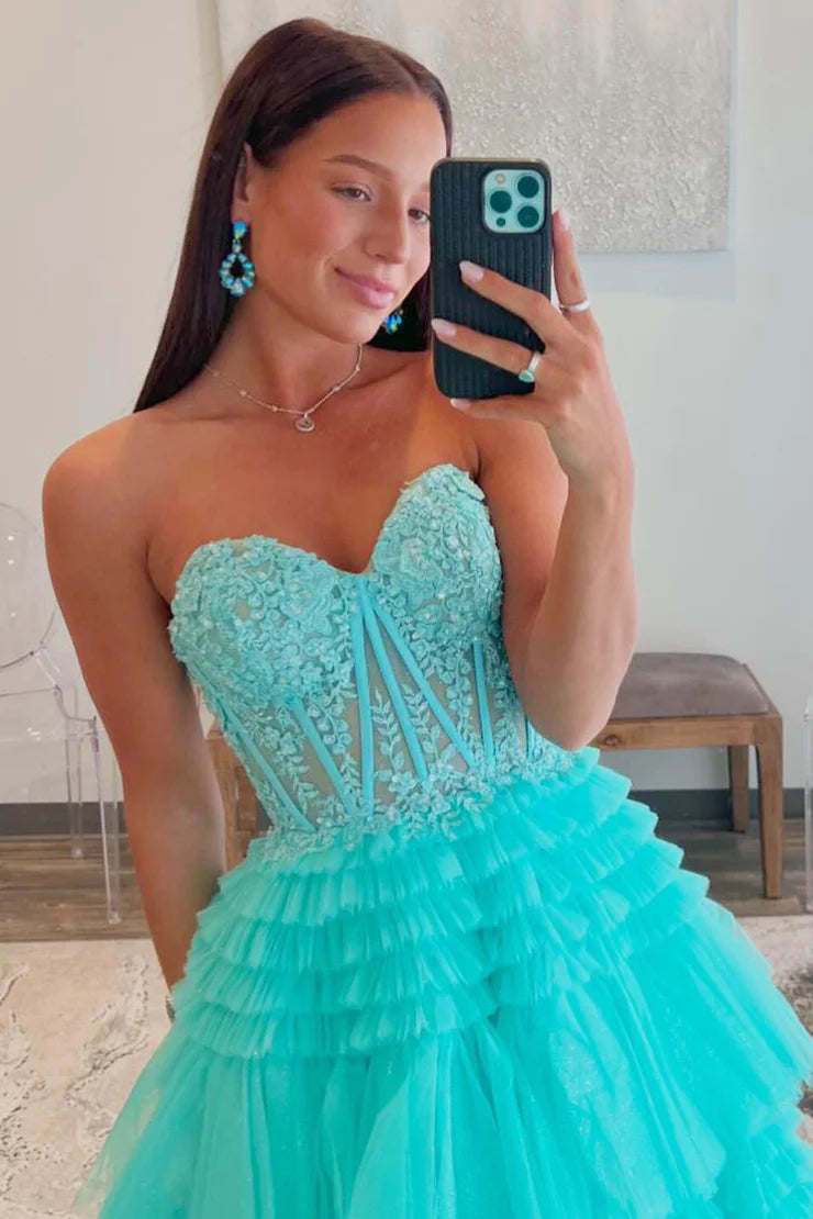 A Line Princess Sweetheart Mint Tulle Tiered Long Prom Dresses with Appliques