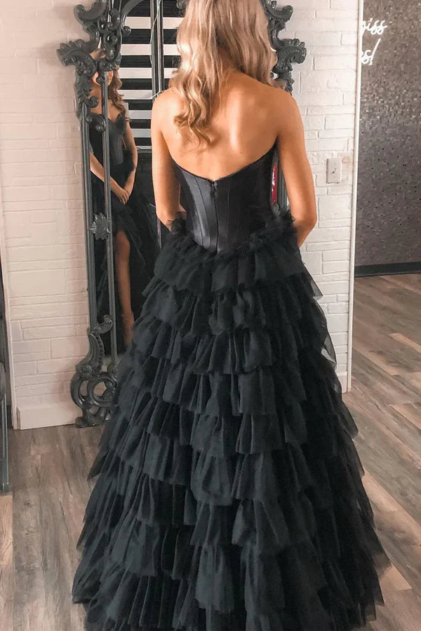 Black Sweetheart Tiered Long Prom Dresses with Slit A Line Strapless Evening Dress
