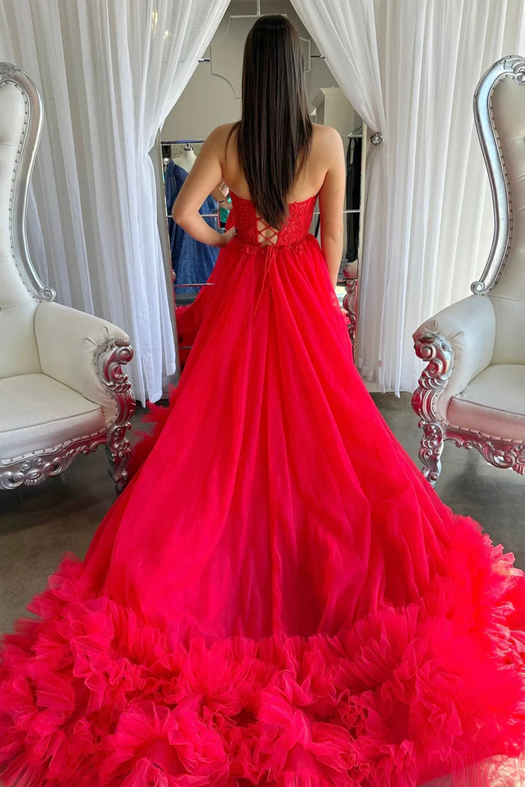 Red Tulle  Strpless Ball Gown Gown Prom Dresses with Appliques