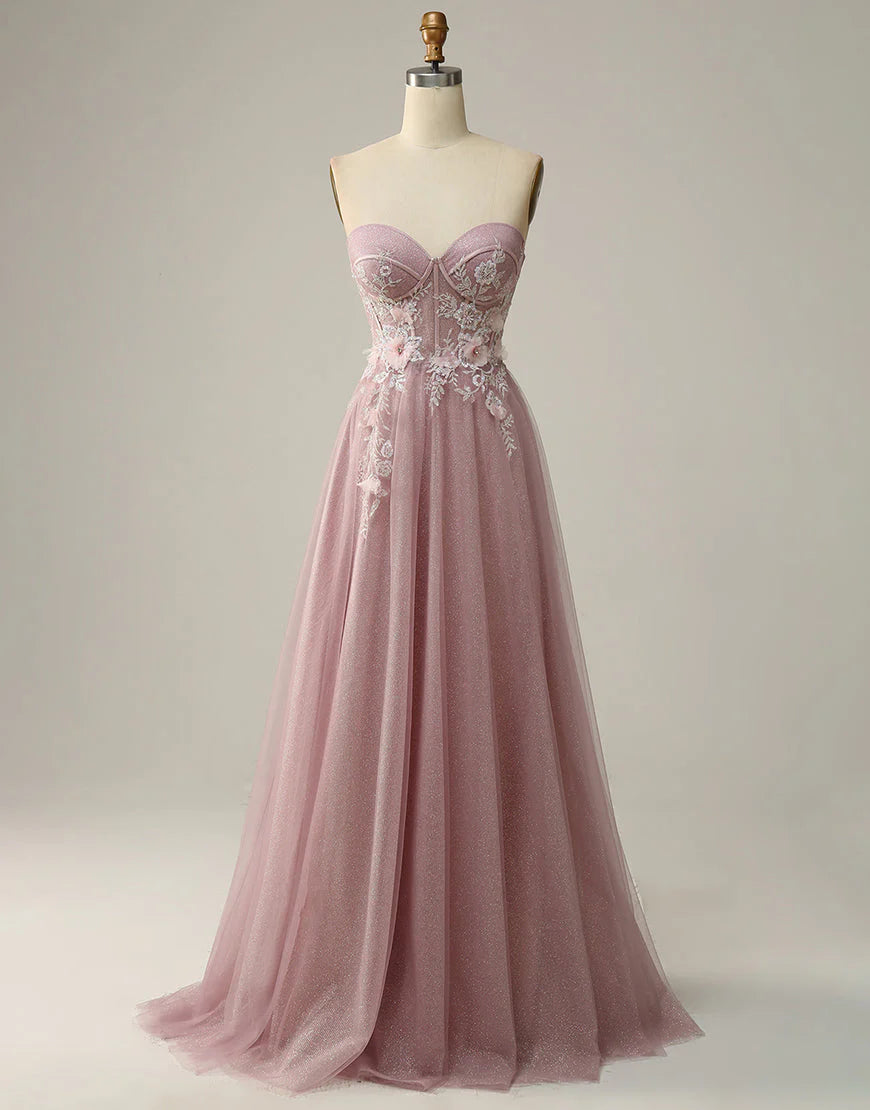 A-Line Sweetheart Strapless Long Prom Dress With Appliques