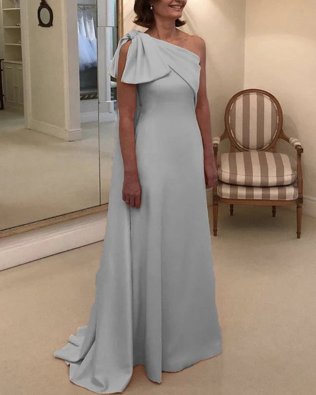 A-Line One-Shoulder Sleeveless Sweep/Brush Train Mother of the Bride Dresses Elegant Wedding Guest Party Dress with Bow