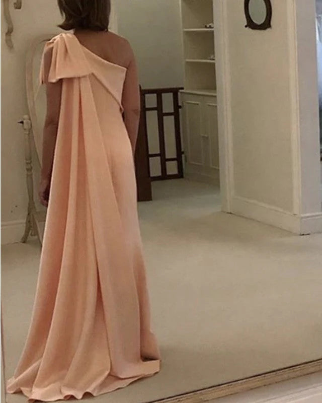 A-Line One-Shoulder Sleeveless Sweep/Brush Train Mother of the Bride Dresses Elegant Wedding Guest Party Dress with Bow