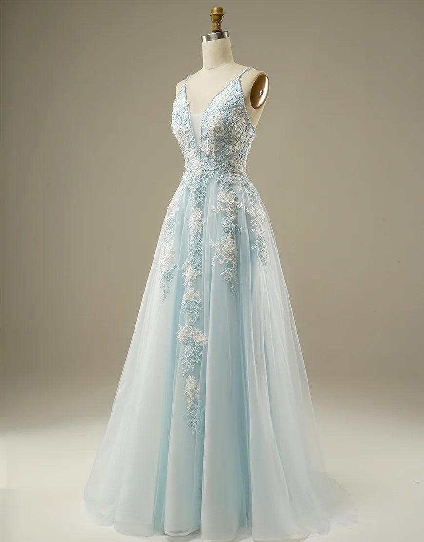 Sweetheart A-line Spaghetti Straps Tulle Long Prom Dress With Appliques Charming Evening Party Dress