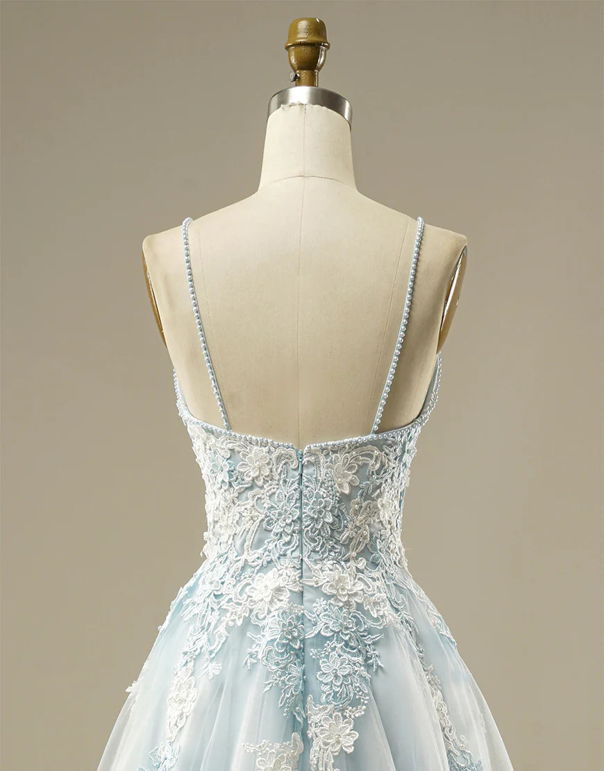 Sweetheart A-line Spaghetti Straps Tulle Long Prom Dress With Appliques Charming Evening Party Dress