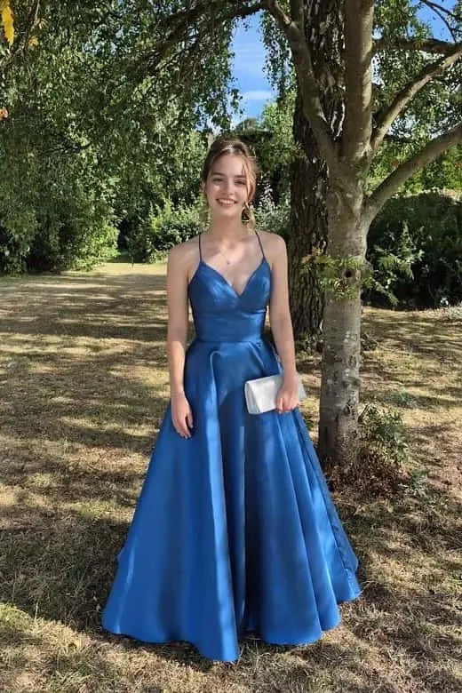 Lovely A Line V Neck Spaghetti Straps Sleeveless Satin Formal Long Prom Dress Elegant Evening Party Dress