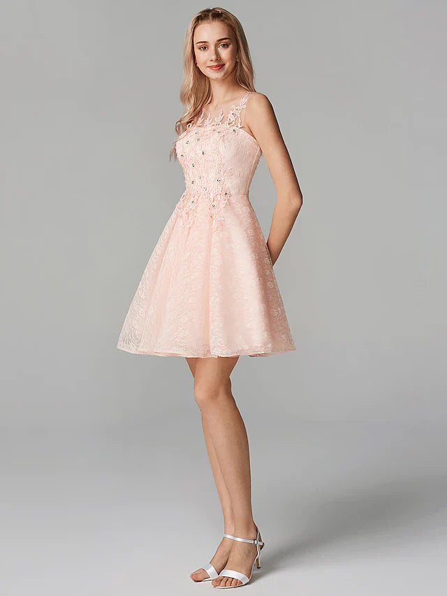 A-Line Sparkle Homecoming Cocktail Party Dress Pink Illusion Neck Sleeveless Short Tulle Floral Lace with Sequin Appliques