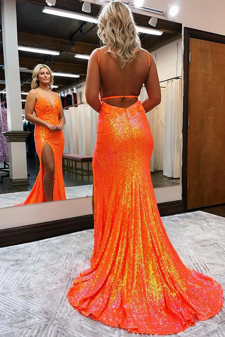 Mermaid V Neck Orange Sequins Long Prom Dresses with Slit