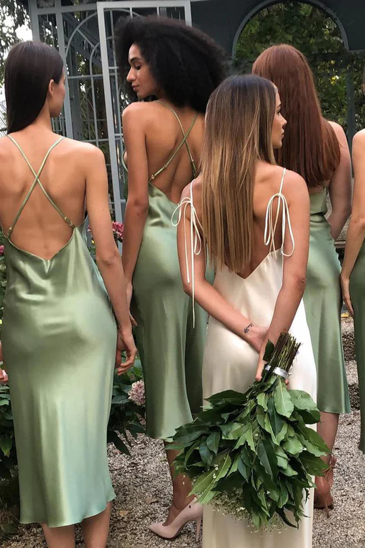 Sheath Spaghetti Straps Cowl Neck Silk Satin Tea Length Bridesmaid Dresses Simple Party Dress