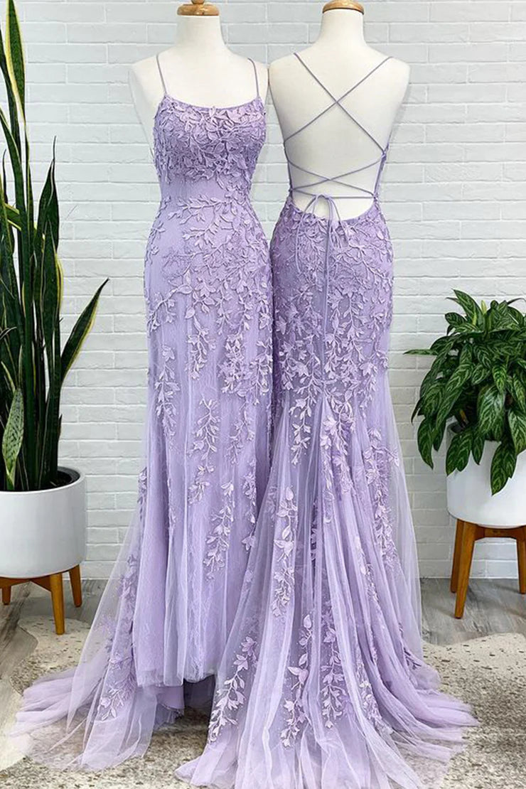 Mermaid Scoop Neck Lavender/Red Lace Prom Dresses with Beading Appliques