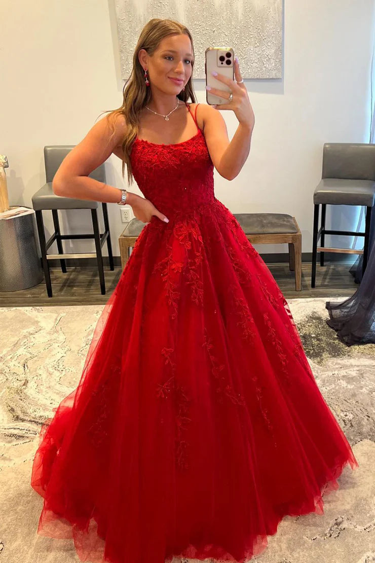 Spaghetti Straps Ball Gown Sweetheart Red Tulle Lace Prom Dresses with Appliques
