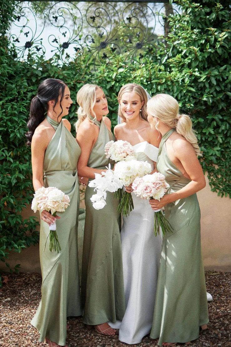 Charming Sheath Hatler Sage Green Long Bridesmaid Dresses Party Dress
