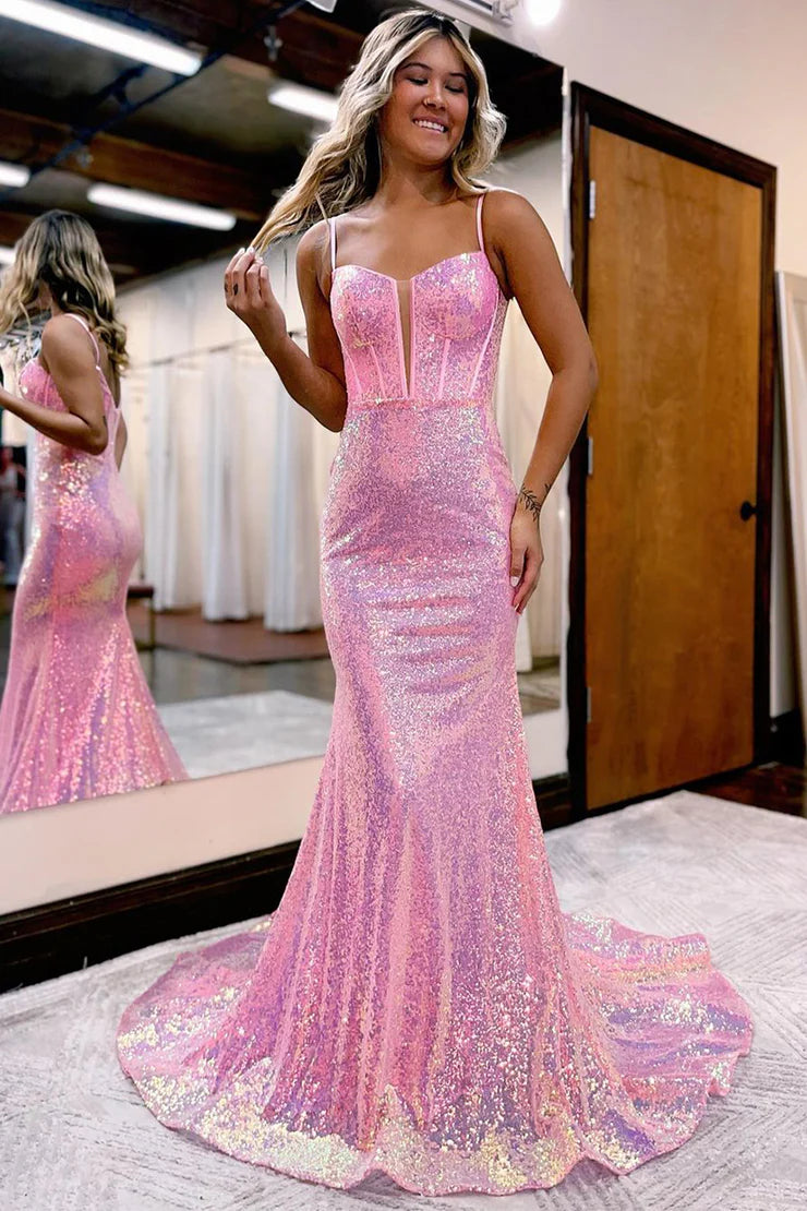 Sleek Glittering Sparkle Mermaid Sweetheart Pink Sequins Long Prom Dresses