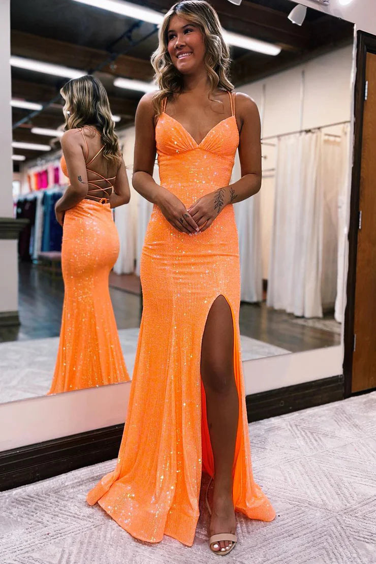 Mermaid V Neck Orange Sequins Long Prom Dresses with Slit