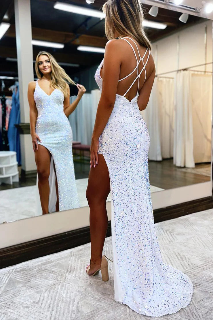 Sheath/Mermaid V Neck White Sequins Floor Length Prom Dresses with Slit