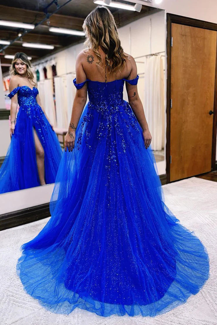 A Line Royal Blue Off the Shoulder Prom Dresses with Sequins Appliques