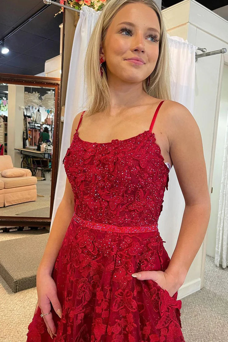 A Line Spaghetti Straps Scoop Neck Red Sequins Lace Prom Dresses With Butterflies