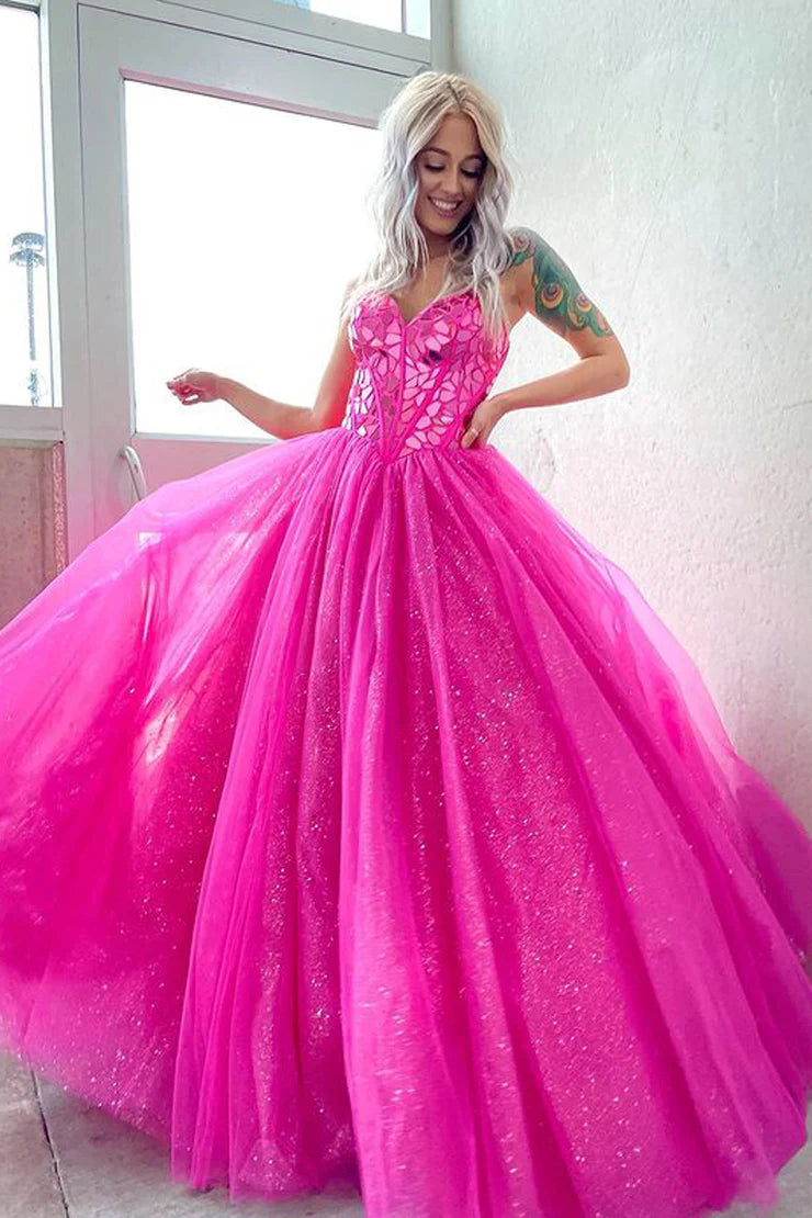 Sleek Glittering Sparkle Strapless Hot Pink Prom Dresses with Beading