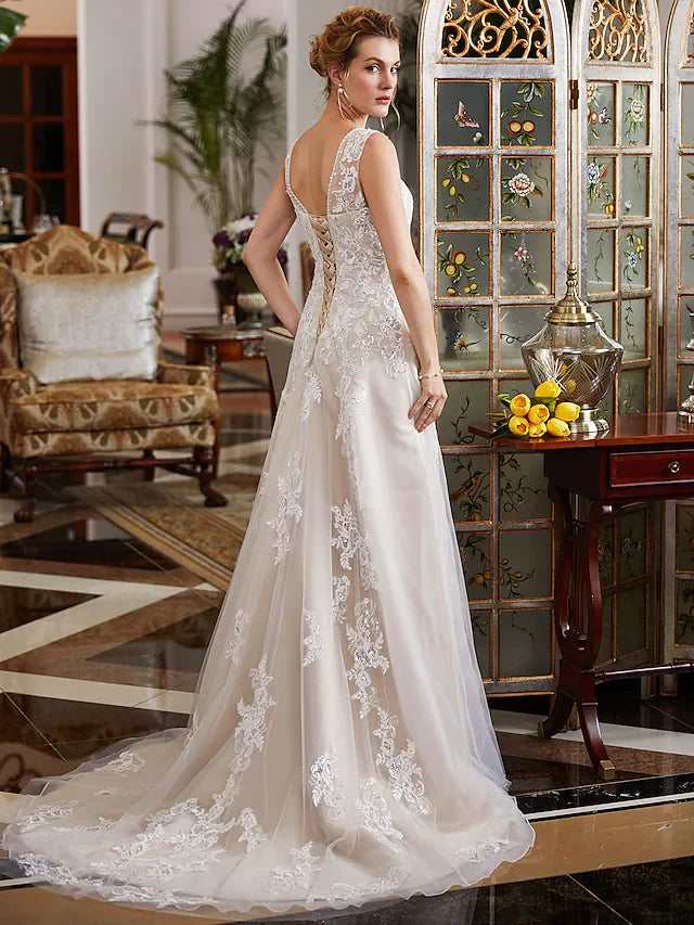 A-Line Wedding Dresses V Neck Court Train Lace Tulle Regular Straps Romantic Illusion Detail with Beading Appliques