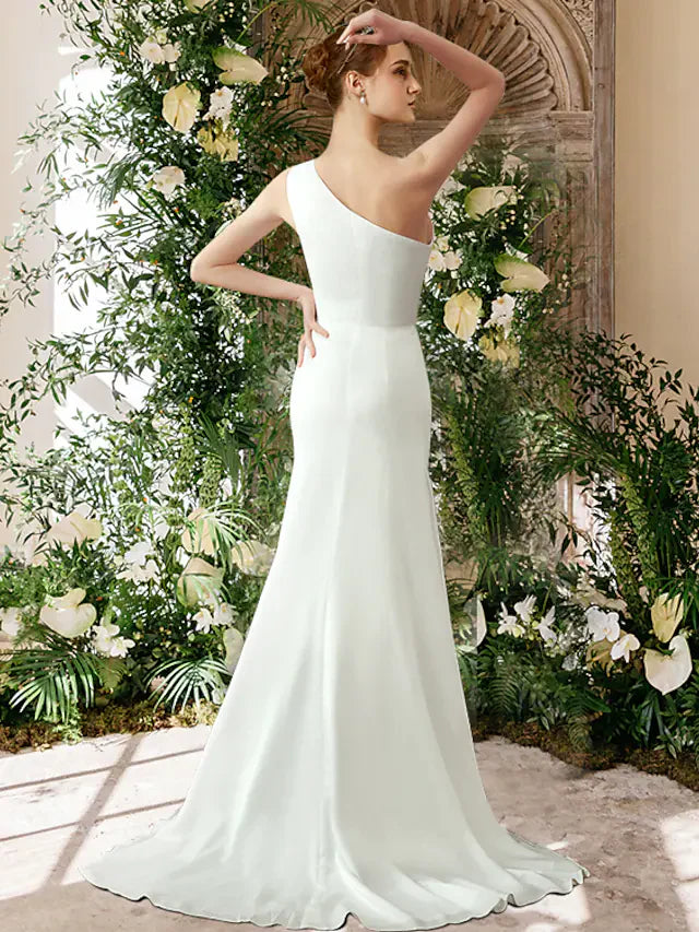 Wedding Dresses One Shoulder Chiffon Sleeveless Simple White