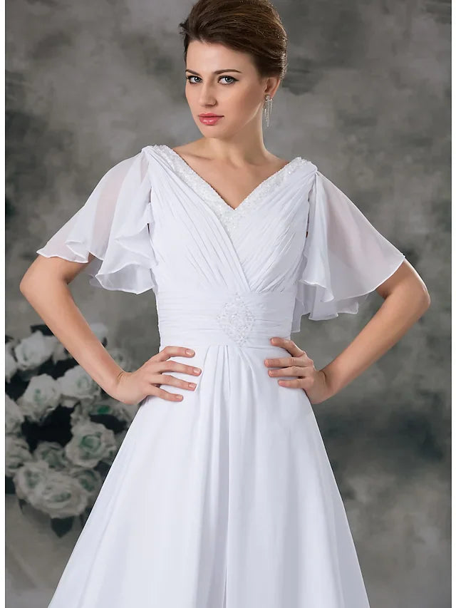 A-Line Wedding Dresses V Neck Chapel Train Chiffon Satin Short Sleeve with Ruched Beading