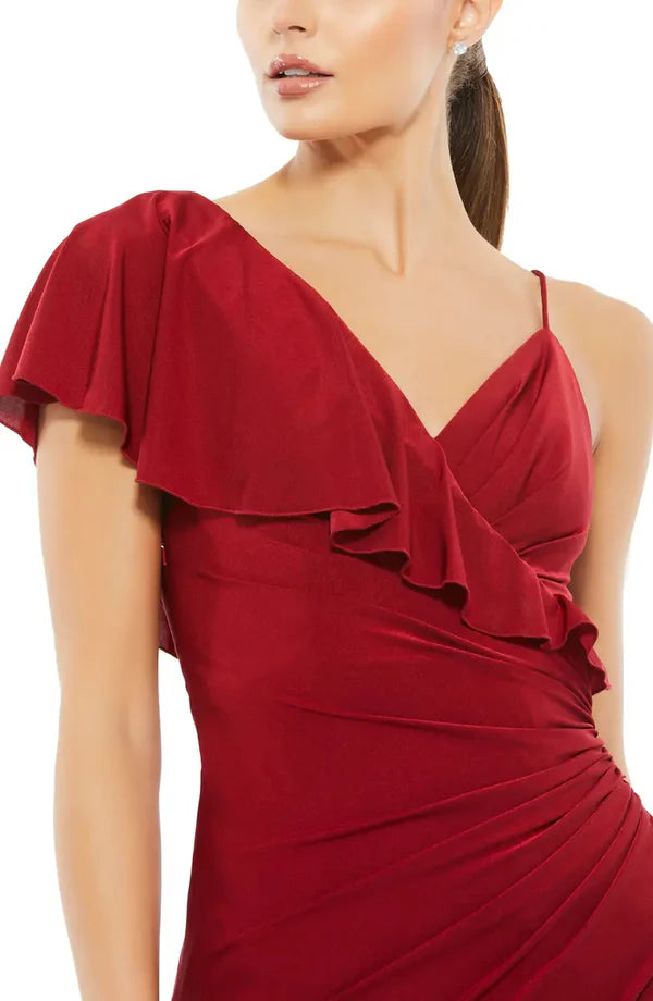 Elegant backless asymmetrical ruffled edge off shoulder one shoulder front slit prom dress Party Dress