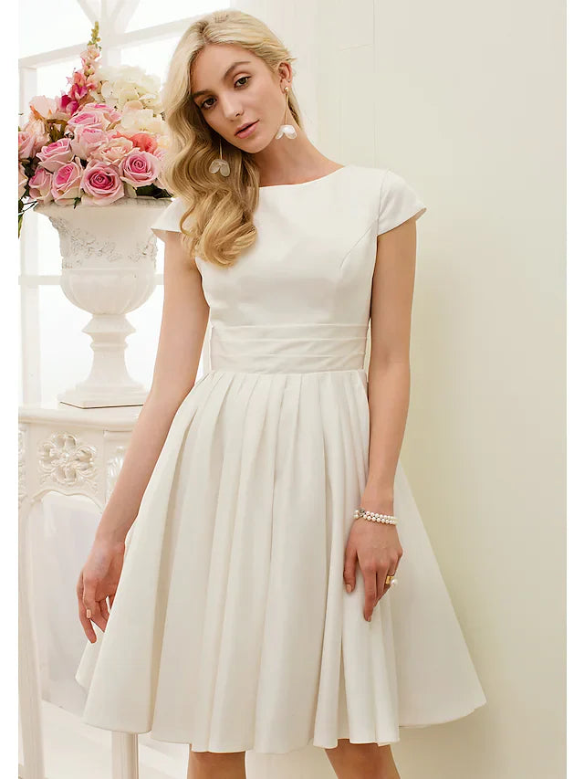 A-Line Wedding Dresses Jewel Neck Knee Length Satin Short Sleeve Formal Simple Casual Little White Dress with Sash Ribbon