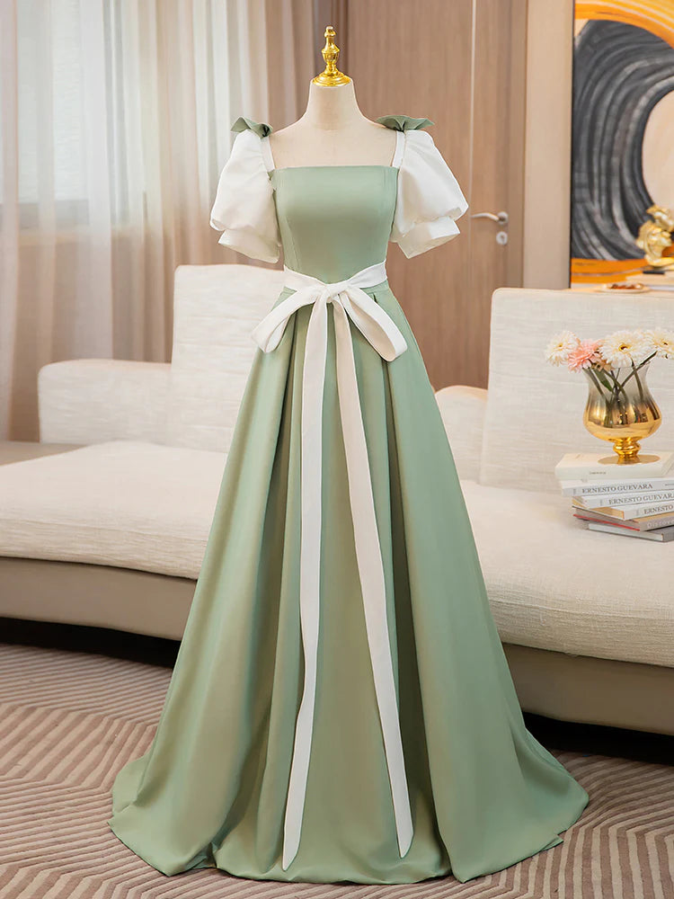 Ball Gown Quinceanera Dresses Princess Dress A-Line Puff Sleeves Satin Green Long Prom Dress, Green Sweet Dress