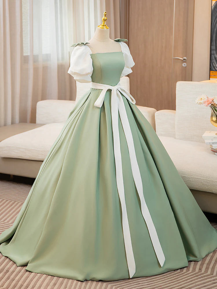 Ball Gown Quinceanera Dresses Princess Dress A-Line Puff Sleeves Satin Green Long Prom Dress, Green Sweet Dress
