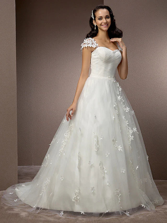 Ball Gown Wedding Dresses Square Neck Court Train Tulle Short Sleeve with Ruched Beading Flower