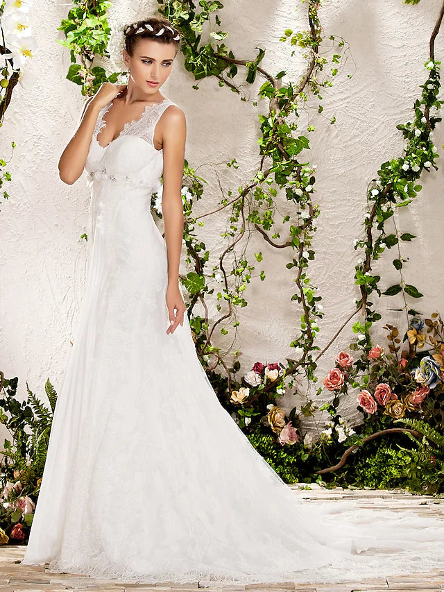 Wedding Dresses Floor Length V Neck Chapel Train Lace Sleeveless