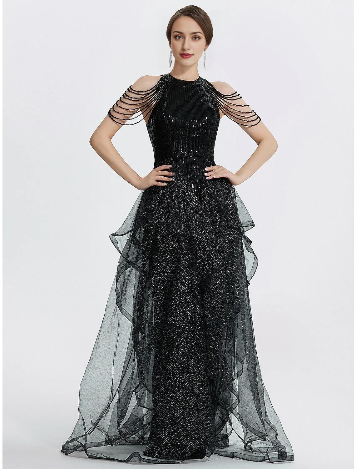 Mermaid Trumpet Prom Dresses Black Dress Dress Quinceanera Floor Length Short Sleeve Jewel Neck Tulle with Beading