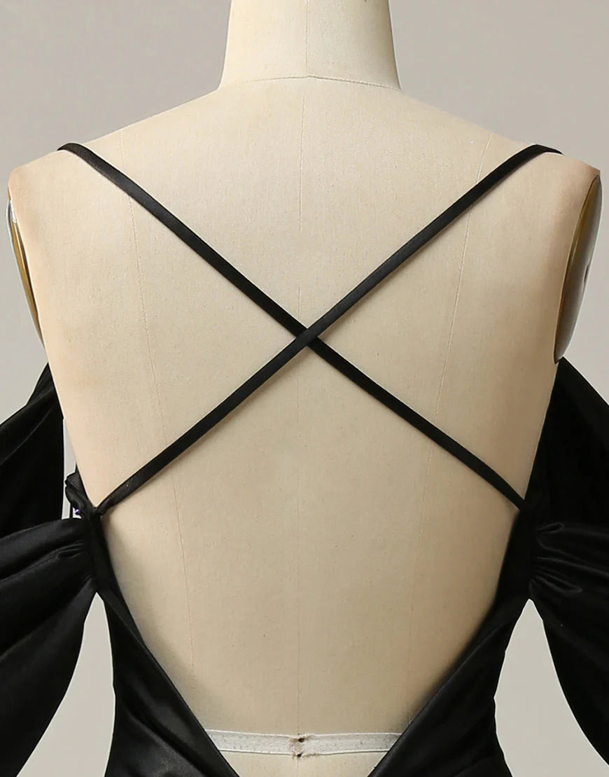 A Line Off The Shoulder Criss-Cross Back Long Satin Prom Dress
