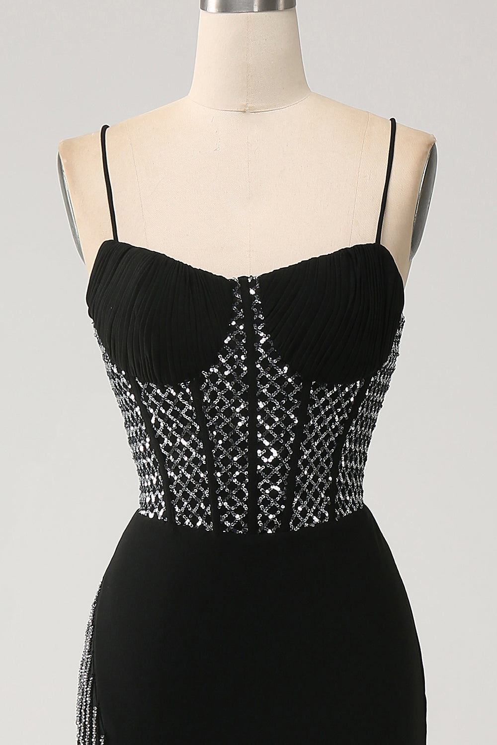 Mermaid Black Spaghetti Straps Long Corset Prom Dress with Slit Sexy Evening Dress