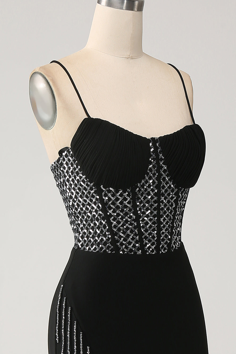 Mermaid Black Spaghetti Straps Long Corset Prom Dress with Slit Sexy Evening Dress