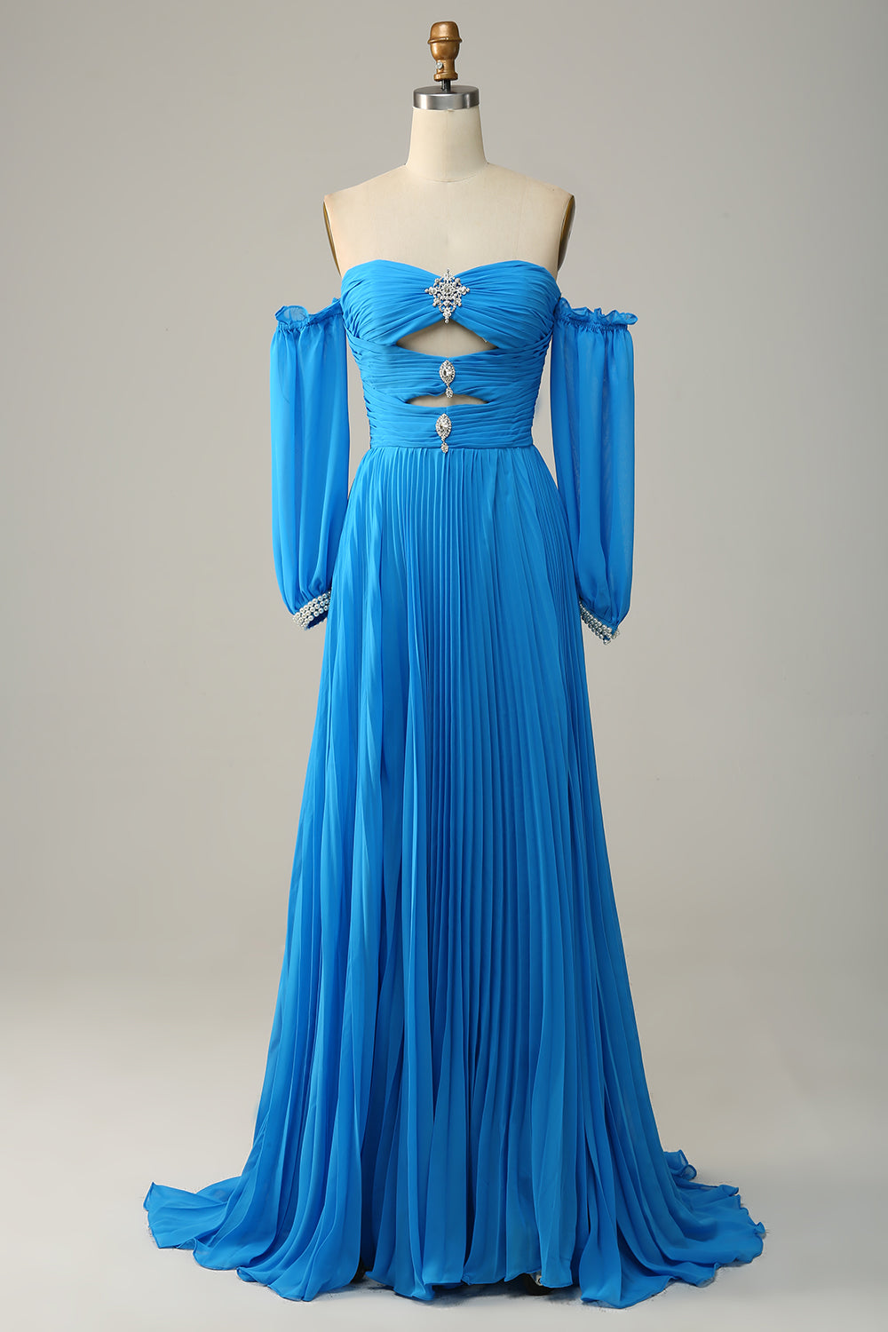 Blue Detachable Sleeves Cut-Out Long Prom Dress with Beading Sexy With Slit
